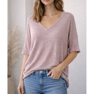Chelsea & Theodore Womens Mauve Pink Ribbed V-Neck Oversized Top Large RN 93178